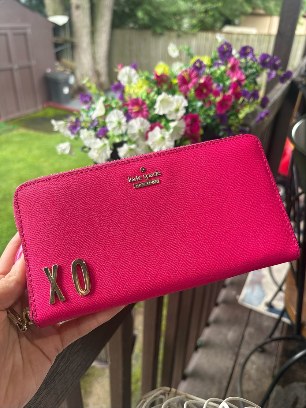 kate spade Bright Hot Pink Long Zip Wallet with gold XO accents